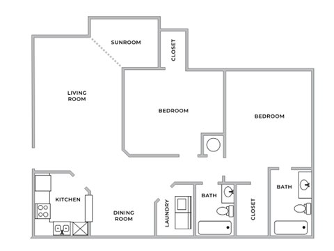 Floor plan for 2 beds, 2 baths, 1075 sqft